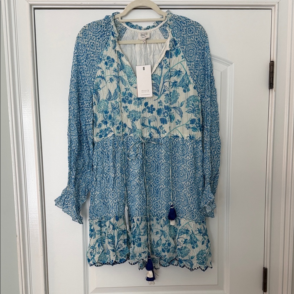 HEMANT & NANDITA Blue and Gold Floral Dress Sz. M